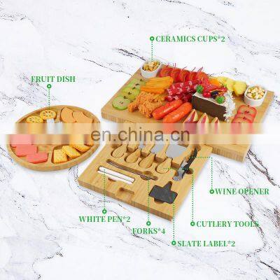 Large High Quality Bamboo Cheese Board Charcuterie Platter Knife Set With Snack Tray photo-2