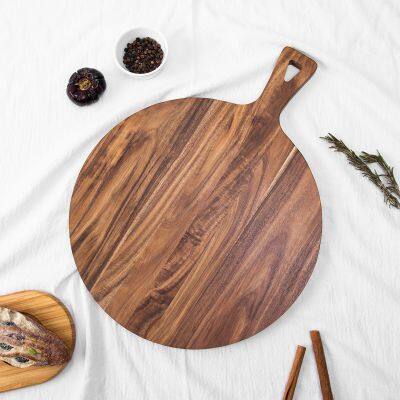 In Stock Multi-Function Round Acacia Wood Board Pizza Cutter Plate Steak Tray Thick Chopping Board With Handle for Baking photo-2