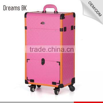 Pink rolling makeup case with drawers