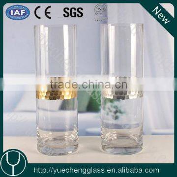 Handmade high quality clear cylinder glass vase with etching and gold foil decoration