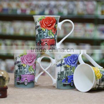 Wholesale tall ceramic porcelain trumpet rose car coffee mugs