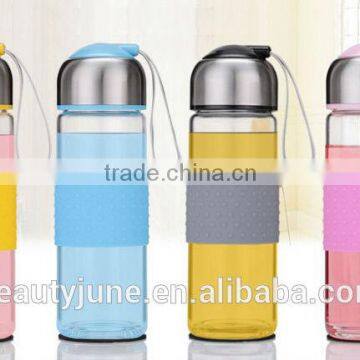 custom heat-resistant unbreakable glass water bottle with silicone sleeve glass bottles wholesaler glass sport water bottle