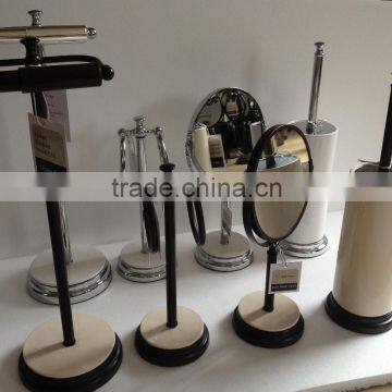 decorative white ceramic free standing bath hardware 4-pc set: toilet paper holder, mirror, towel ring, toilet brush