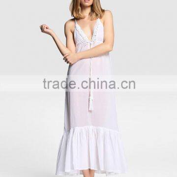 Hot sale women's white plain 100% cotton chiffon long nightshirts with fancy lace trim and G-string                        
                                                Quality Choice