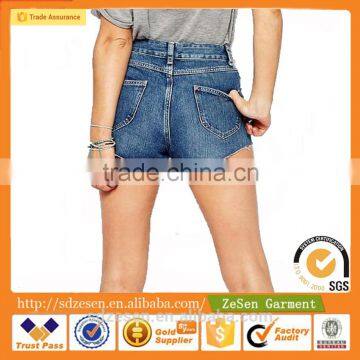 OEM Service 100% Cotton High Rise Denim Jeans Shorts With Raw Hem In Waterfall Mid Wash For Women Wholesale photo-5