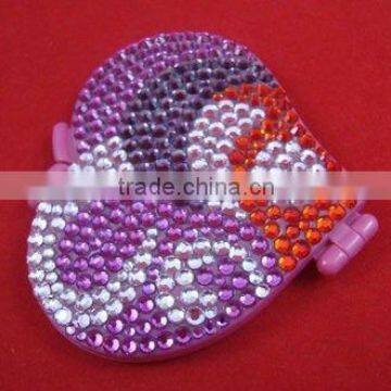 hotsale plastic heart shape compact mirror with rhinstones