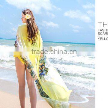 Hot Selling 2015 Lastest Design Imitated Silk Yellow Beach Holiday Scarf