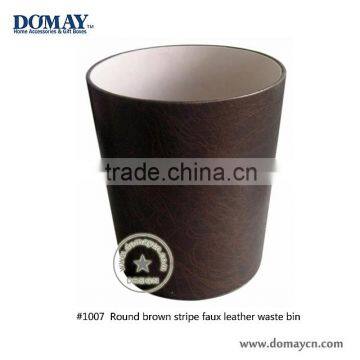 Round Brown stripe faux leather waste bin/Custom PU Dust bin/Leatherette garbage bin