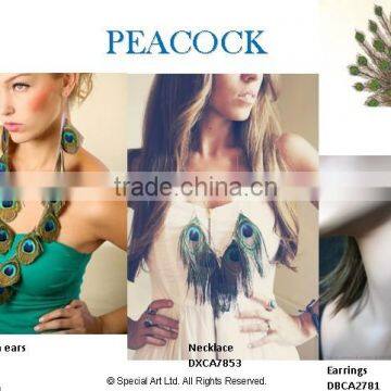 Fashion silver link chain with feather peacock neckalce with earrings jewelry set ,decorated with enamel and crystal