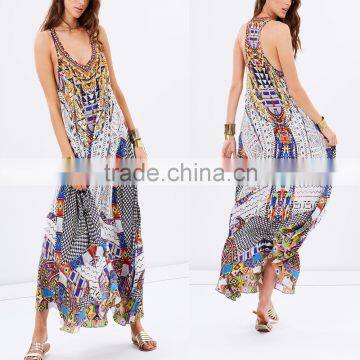 Asian woman clothing sleeveless kaftan abaya print ethnic maxi dress