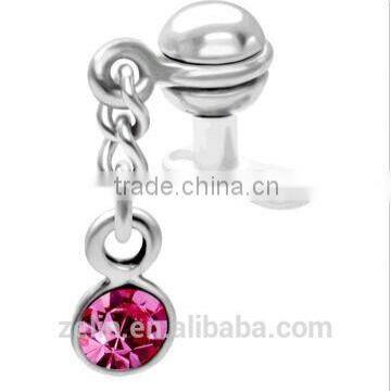 High polished pink gem with chain dermal anchor body piercing jewelry