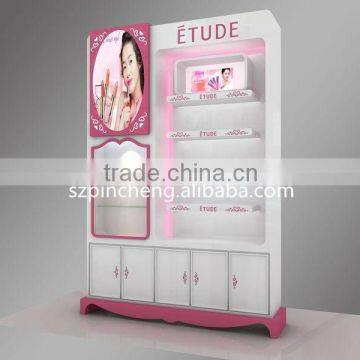 pink cosmetic design wooden display showcase and shelf for makeup store