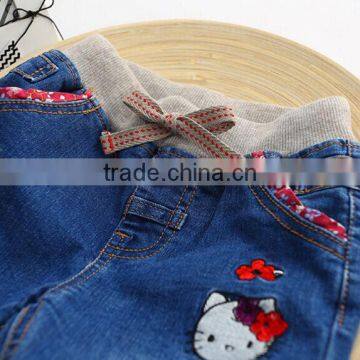 Cartoon Cat Casual Denim Trousers Embroidered Flowers for Chid Girl photo-4