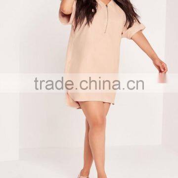 Plus Size Faux Suede Zip Up Shift Dress Nude Short Sleeve Sexy Elegance Split Curved Hem Dress photo-6