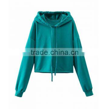 Ladies Green Long Sleeve Drawstring Big Hood Cropped Terry Hoody