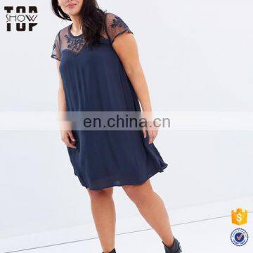 Top quality 2017 New Design Fat Women Lace cap Sleeve Navy blue Dress Plus Size