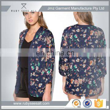 OEM elegant womens navy Floral Print light jacket coat for spring casual wear low moq 2016