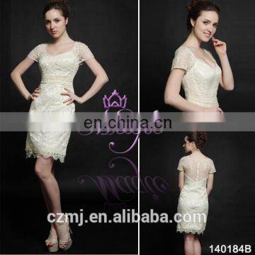 stock light beige short sleeve v neck short lace dress for online shopping