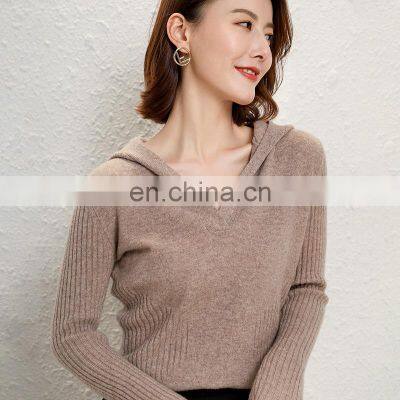 Women Cashmere Wool Rib Knit V Neck Cashmere Hoodie Sweater photo-5