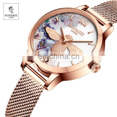 Hannah Martin 4122 Chrysanthemum Flowers Garden Fashion Ladies Wristwatch Black Leather Rose Gold Case Japan Quartz Wrist Watch