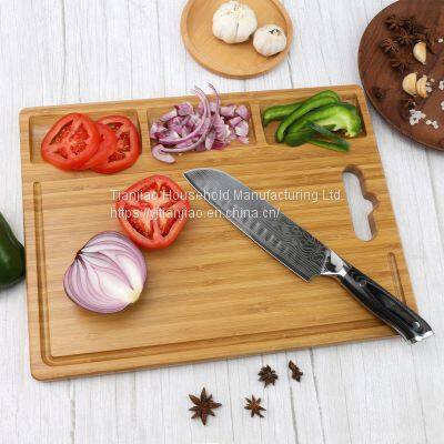 Custom Large Organic Bamboo Cutting Board for Kitchen With 3 Built-In Compartments and Juice Grooves Chopping Carving Board