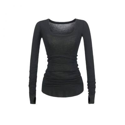 Solid Color Design Niche Long Sleeve Sleeve T-shirt Sexy Spice Girl Big U Collar Light Breathable Base Shirt photo-4