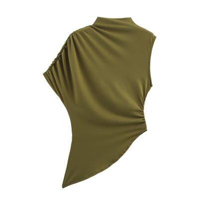 European and American Style Women's Clothing New Style Pleated Fashion Multi-color Asymmetrical Design Temperament T-shirt Top photo-5