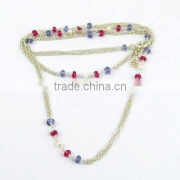 Pale Beauty !! Springring Lock Iolite & Pearl & Ruby 925 Sterling Silver Chain, Wholesale Jewellery On Factory Price photo-5