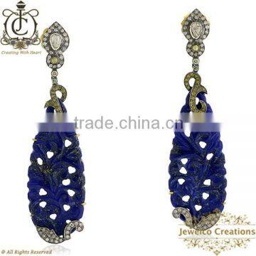 14K Gold Diamond Pave Earrings, Lapis Carving Dangle Earrings, Gemstone 925 Silver Earrings, Diamond Gemstone Earrings