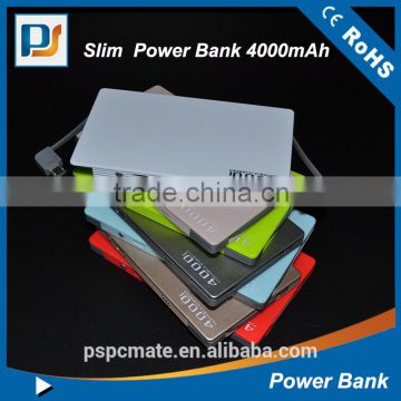 2015 Credit card portable rohs built in cable power bank charger for mobile and laptop