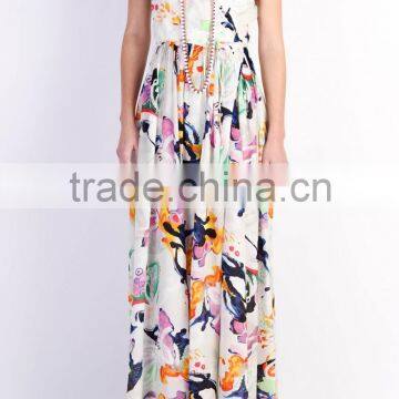 Sleeveless satin print maxi long dress for women