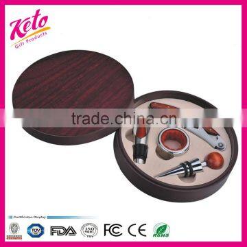 Elegant round wooden tool box 4 pcs wine accessory set