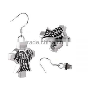 SRE8032 Black Enamel Angel Wing with Jesus Cross Stainless Steel Cremation Earring to Put Ashes