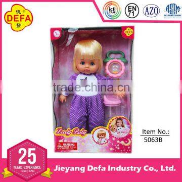 2016 latest high quality EN71 Baby doll toy with artificial eyes and tiny feeding ware from ICTI factory