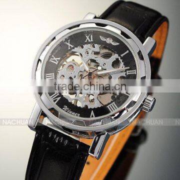 Men Luxury Skeleton Dial Mechanical Leather Hand-winding Wrist Watch