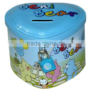 Tin money box with lock and key