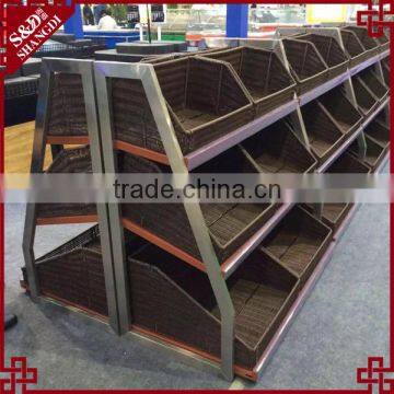 China Supplier Direct Sale Supermarket Fruit and Vegetable Display Rack With Rattan Basket photo-2