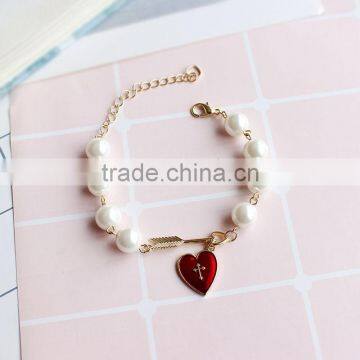 Cupid Arrow Love Bracelet Gold Arrow Red Enamel Cross Heart Charms Pearl Bead Link Bracelet photo-4