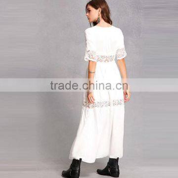 2017 Summer V Neckline Lace Long Dress Short Sleeves White Floral Maxi Lace Dress Hsm9125 photo-3