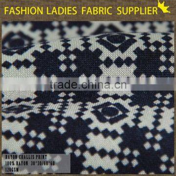 shaoxing textile high quality geometric design for girls' dress,blouse,skirts,summer pants 100% rayon printed challis fabric