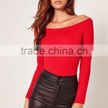 MGOO High Quality Long Sleeves Bardot Bodysuits Slash Neck Cold Shoulder Tops Women Tops Rib photo-2