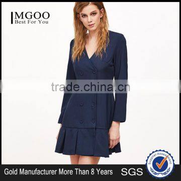 Navy Double Breasted Pleated Hem Dress Polyester Spandex Long Sleeve V Neck Casual Plain Dress