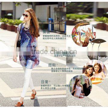 2016 Hotsale Ruffles Women Short-sleeve Loose Slim Chiffon Long Blouse Shirts Tops With DIY Printing photo-5