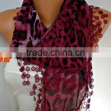 Burgundy Leopard Print Scarf Animal Scarf Shawl Cowl Scarf Necklace Cotton Scarf Gift Ideas For Her Women Fashion Accessories - photo-3
