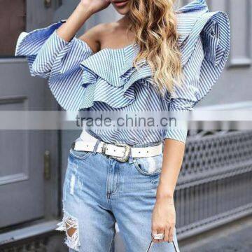 2017 New Arrival Fashion Design Women Stripe off the Shoulder High Low Long Sleeve Blouse photo-2