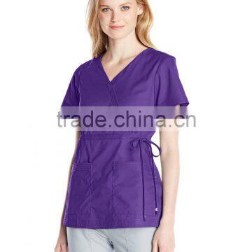 Women's Easy-Fit Mock-Wrap Scrub Shirt/Blouse Top with Adjustable Side Tie