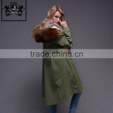 Modern Cheap Winter Army Green Jacket Lady Long Fur Lined Parka With Removable Fur Hood