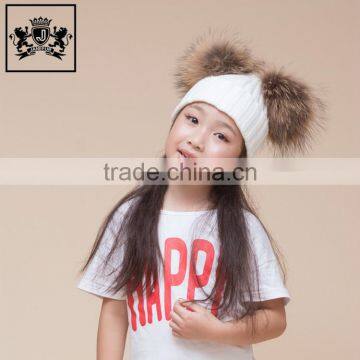 Fashion Design Custom Winter With Big Real Raccoon Fur Ball Crochet Baby Beanie Hat