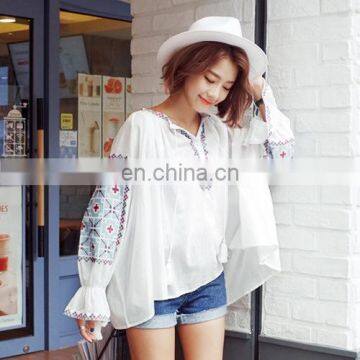 J0761 Ladies cotton long sleeve Mexican embroidery tops for women 2016