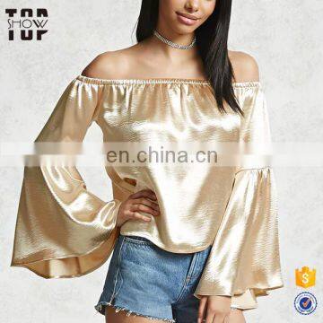 Latest fashion women trumpet cuffs off shoulder long top design